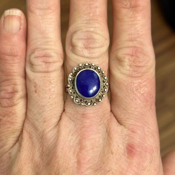Antique Blue Lapis Solid Sterling Silver Estate Ring size 8.5 - Picture 9 of 9